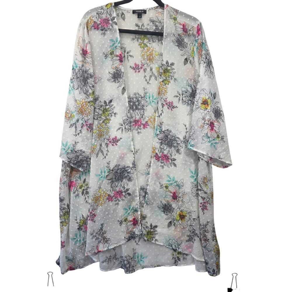 Torrid Floral Clip Dot Kimono White Multi Color Open Front Chiffon Wrap Sz 14/16